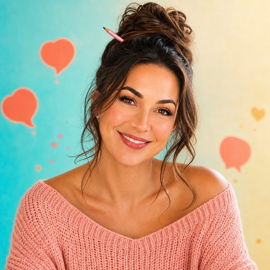 Fiona Vale with a pencil tucked in her bun, smiling against a teal and gold background with floating hearts