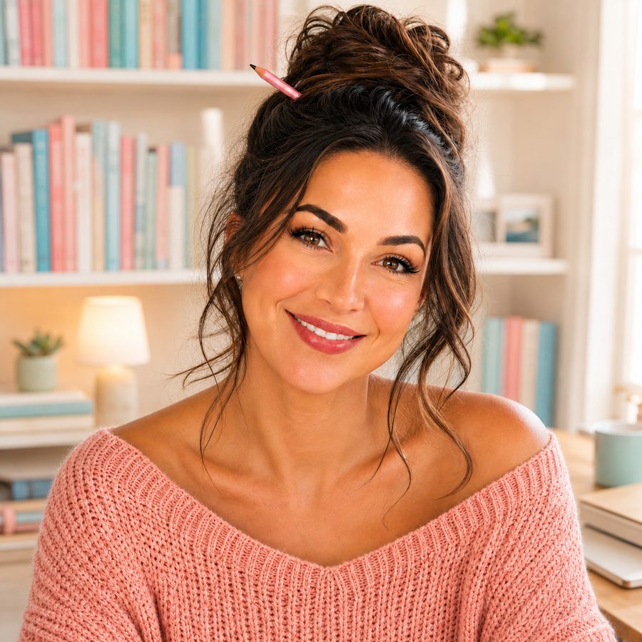 Fiona Vale smiling in a pink sweater in front of a pastel bookshelf